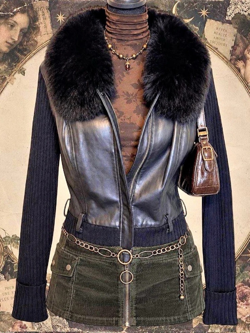 Cache Black Leather & Wool Fur Collar Jacket Size Medium
